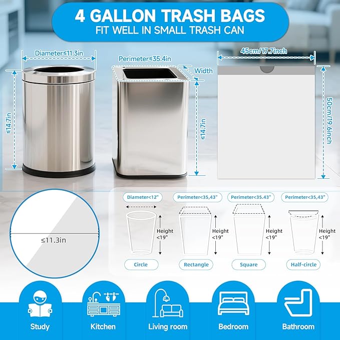 Small Trash Bags 4 Gallon Drawstring- 360 Counts 4 Gallon Trash Bag Extra Strong, Small Garbage Bags Unscented, Stretchy, Quick Cinch for Bathroom Kitchen, White
