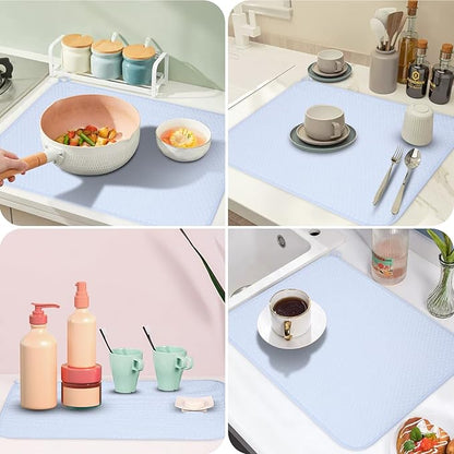 GeeRic 12 * 16 inch Microfiber Dish Drying Mat, Superb Absorbent Kitchen Dish Drying Pad, Reversible Drainboard for Countertop, Blue