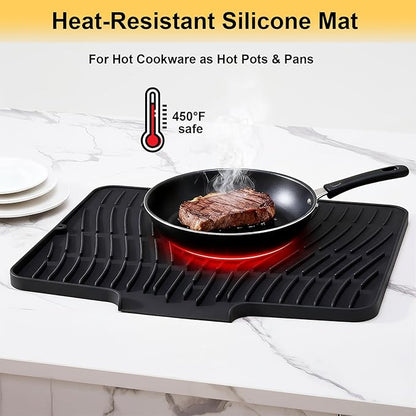 Silicone Dish Drying Mat for Kitchen Counter,Non-Slip Dish Drying Pad with Drain Lip,Heat Resistant Sink drying Mat for Dishes,Large Rubber dish drain mat dish rack mat (Black,15.8"x13")