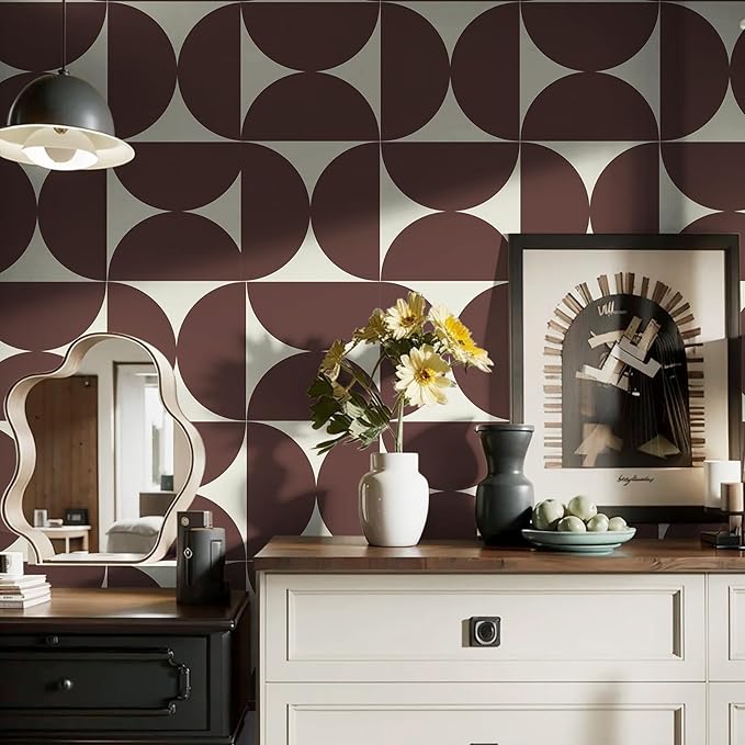 Dimoon 393"x17.3"Peel and Stick Wallpaper Geometric Contact Paper Vintage Dark Red Beige Wall Paper Removable Square Waterproof Self Adhesive Wall Covering for Bedroom Shelf Liner Decal Vinyl Roll