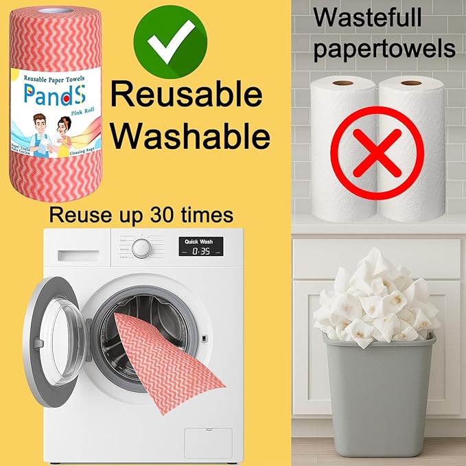 Reusable Paper Towels, 120 Full Sheets 2 Pack, Zero Waste Paperless Kitchen Washcloths, Multi-Purpose Cleaning Handiwipes, Washable Towels - Pink