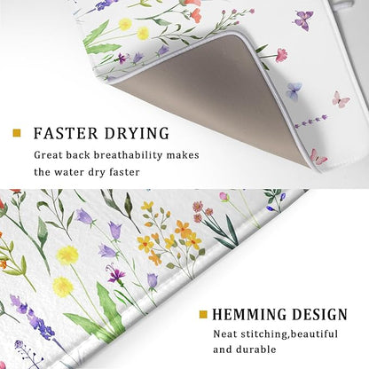 Watercolor Floral Dish Drying Mat for Kitchen Counter 18x24 Inch Spring Summer Wild Flower Butterfly Absorbent Reversible Microfiber Dish Drainer Rack Mats Countertops Protector Mat