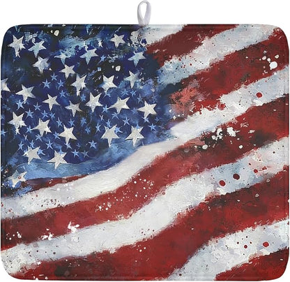 4th of July Dish Drying Mat 18x16 Inch, Patriotic Drying Mat with Absorbent Reversible Microfiber, Independence Day Dish Drainer Mats Memorial Day Rack Pad for Coffee Countertop Kitchen Protector