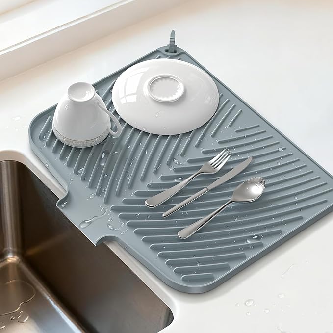 Belife Dish Drying Mat for Kitchen Counter, Silicone Dish Drainers Pad, Non-Slip Under Sink Dish Drying Rack, Heat Resistant Small Stone Drying Board (17" x 14.5",Gray)