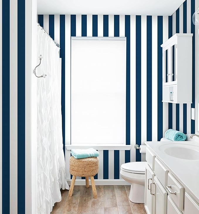 Guvana 394"x17.7" Striped Peel and Stick Wallpaper Blue and White Self-Adhesive Wallpaper DIY Removable Contact Paper Navy Blue Waterproof Wall Paper for Bathroom Kitchen Cabinets Decor Vinyl Roll
