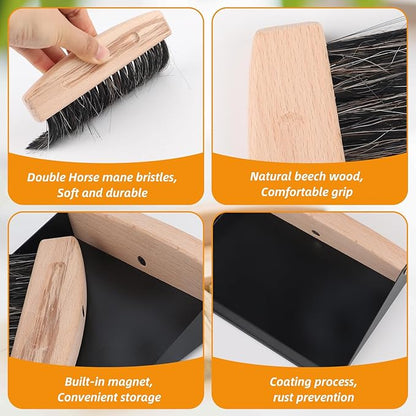 Small Dustpan and Brush Set with Wooden Handle,Mini Metal Crumb Sweeper for Countertops,Desk,Pet Hair,Car,Portable Cleaning Tools for Kitchen,Camping,Sofa (Black)