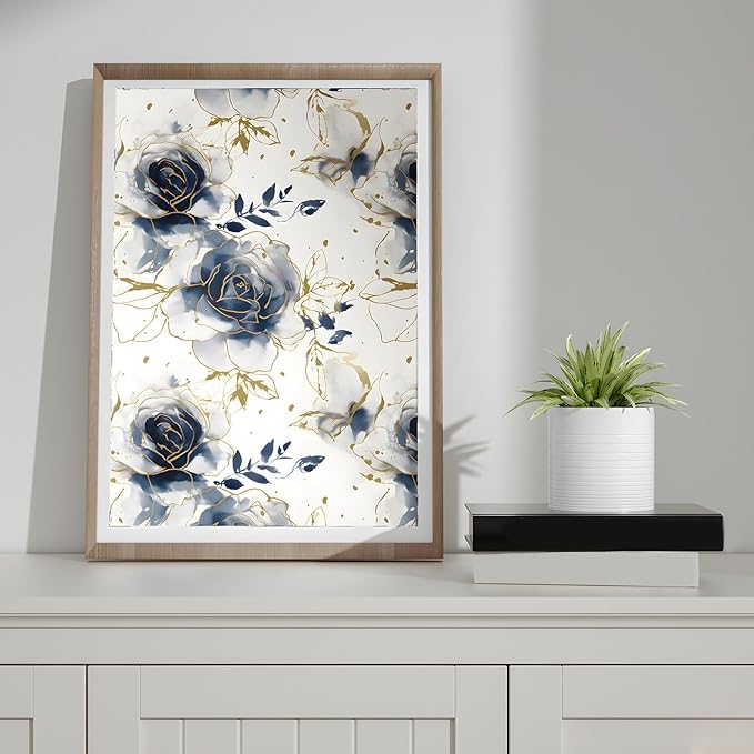 White Floral Wallpaper Peel and Stick Watercolor Blue/Golden Flower Contact Paper Modern Wall Paper Waterproof Self-Adhesive Wall Covering for Bedroom Countertop Desk Cabinets Decor 17.4" x 118"