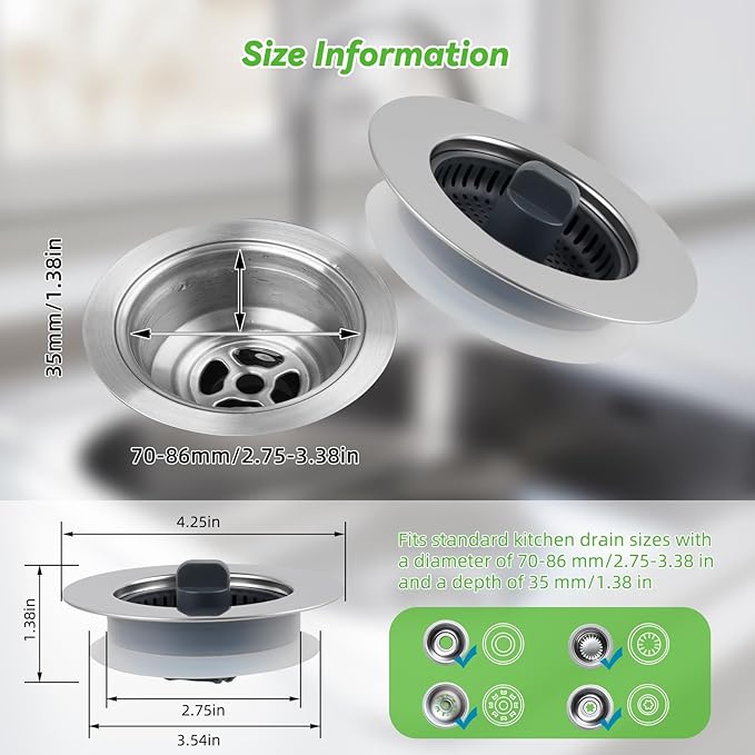 Universal Sink Stopper Strainer Combo, Stainless Steel Wrapped Drain Stopper Kitchen Sink for US Standard 3-1/2 Inch Kitchen Sink Drain, Extra 2 PCS Mesh Strainer for Food Garbage Disposal, Chrome