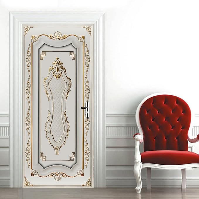 A.Monamour 3D Door Stickers for Interior Doors A White Door in Baroque Style Vinyl Waterproof Self Adhesive Door Mural Decals for Bedroom Office Bathroom 77x200cm