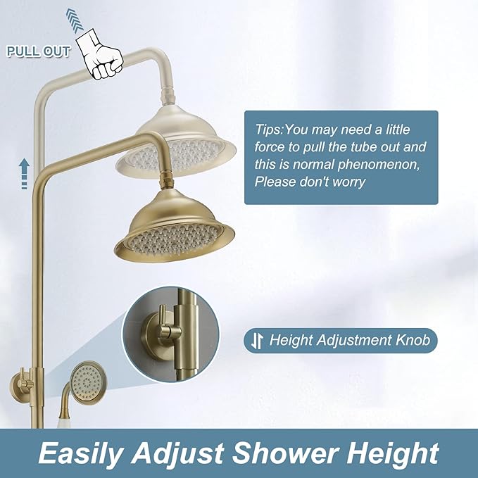 BWE Brushed Gold Triple-Function Shower Fixture Rainfall Shower Set with Adjustable Hand Sprayer and Tub Spout High Pressure Bathroom Shower Fixture Wall Mount Complete Set