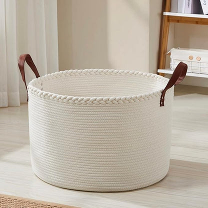 XLarge Round Cotton Rope Storage Basket Bin Organizer Laundry Hamper with Leather Handles, 21 x 21 x 14, Extra Large Blanket Woven Basket for Nursery - Cream