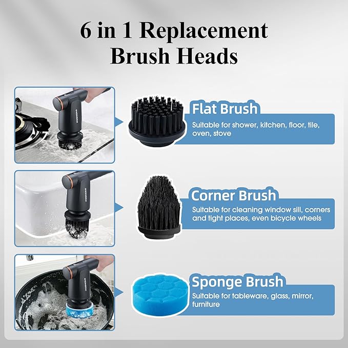 Electric Spin Scrubber, Cordless Bathroom Shower Scrubber with LCD Display & 2 Speeds, IPX7 Waterproof Cleaning Brush, 6 Replaceable Heads, 4-Hour Runtime for Kitchen Tile Bathtub Car, Gray-Black
