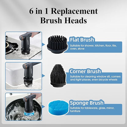 Electric Spin Scrubber, Cordless Bathroom Shower Scrubber with LCD Display & 2 Speeds, IPX7 Waterproof Cleaning Brush, 6 Replaceable Heads, 4-Hour Runtime for Kitchen Tile Bathtub Car, Gray-Black