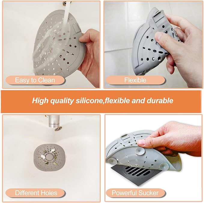 Hair Drain Catcher,Square Drain Cover for Shower Strong Adhesion Silicone Hair Stopper with Suction Cup,Easy to Install Suit for Bathroom,Bathtub,Kitchen 2 Pack (Jet Black White)