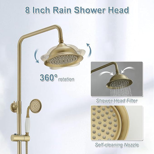 BWE Brushed Gold Triple-Function Shower Fixture Rainfall Shower Set with Adjustable Hand Sprayer and Tub Spout High Pressure Bathroom Shower Fixture Wall Mount Complete Set