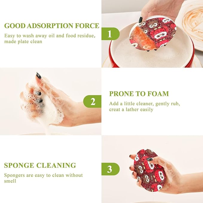Owl Kitchen Scrub Sponges, Pop-up Kitchen Cleaning Sponges Reusable Dish Washing Sponges for Bathroom Household Cleaning 3 Pack - Non Scratch Scrubber