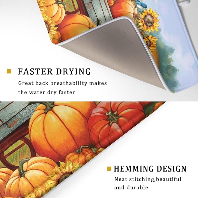 Thanksgiving Autumn Harvest Pumpkin Dish Drying Mat for Kitchen Counter,Sunflowers and Cart Drying Mat 18 x 24 Inch Microfiber Dish Drying Pad Ear of Rice Dish Rack Drainer Mat for Coffee Bar