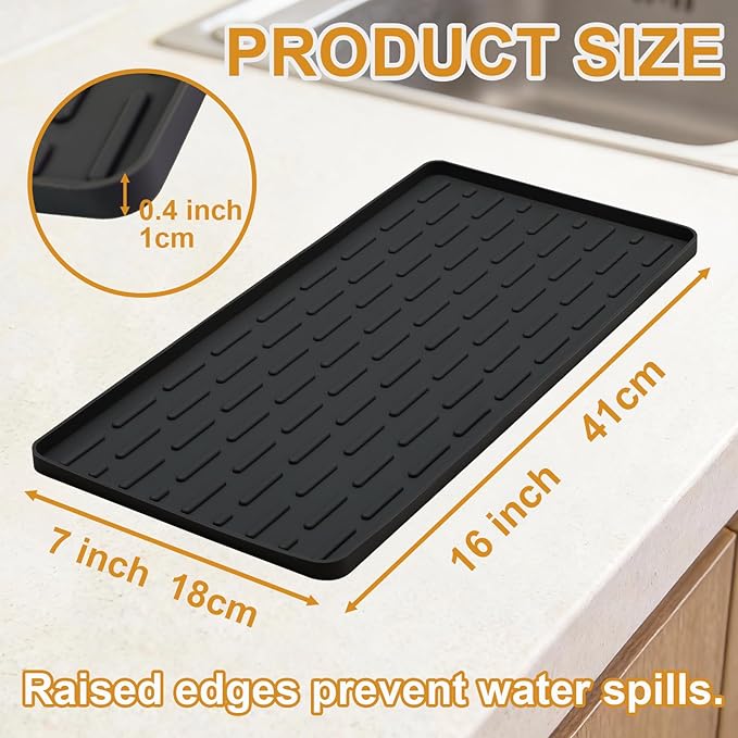 Silicone Coffee Mat, 16"X7" Heat-Resistant,Eco-friendly,Hygienic Drying Pad,Leak-Proof and Non-Slip,Removable Silicone Mat with Concave and Convex Design,（Black 16X7）