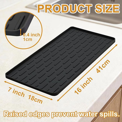Silicone Coffee Mat, 16"X7" Heat-Resistant,Eco-friendly,Hygienic Drying Pad,Leak-Proof and Non-Slip,Removable Silicone Mat with Concave and Convex Design,（Black 16X7）