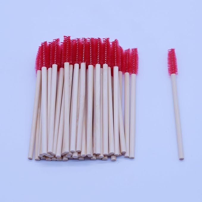 100 Pcs per Container Disposable Wood Mascara Wands, Bamboo Spoolies Brush for Eyelash Extensions, Spooly Eyebrow Brushes Lash Wand Applicator Stick (Red)