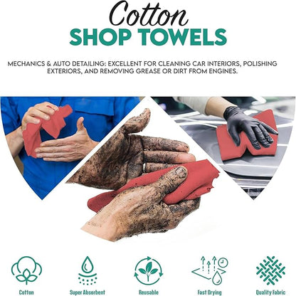 ZUPERIA Cotton Shop Towel – Multipurpose Cleaning Cloths (14" x 12" - Pack of 300 - Red) Reusable Shop Rags for Automobiles, Industrial, Restaurants, Garage, and Homes