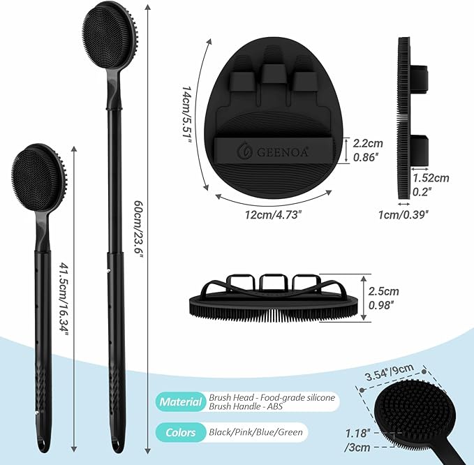 Silicone Back Scrubber & Soft Bath Glove 2PCS, 16''- 24'' Extendable Shower Scrubber with Dual-Side Head, 360° Anti-Slip & Hand-fit Silicone Body Scrubber for Rich Foaming Deep Cleaning(Black)