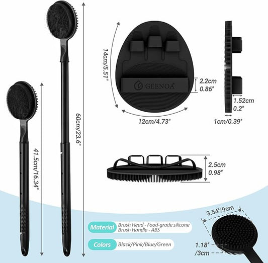 Silicone Back Scrubber & Soft Bath Glove 2PCS, 16''- 24'' Extendable Shower Scrubber with Dual-Side Head, 360° Anti-Slip & Hand-fit Silicone Body Scrubber for Rich Foaming Deep Cleaning(Black)
