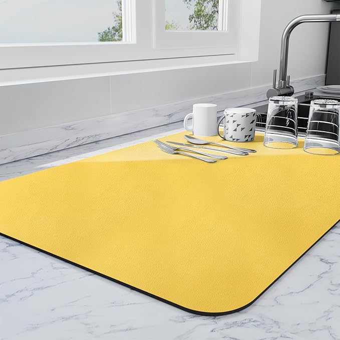 Ecotrim - Dish Drying Mat for Kitchen Counter | Coffee Bar Mat for Countertops | Heat Resistant Drainer Mat with Non-slip Rubber Backed | Hide Stain Kitchen Absorbent Draining Mat | Yellow 18"x24"