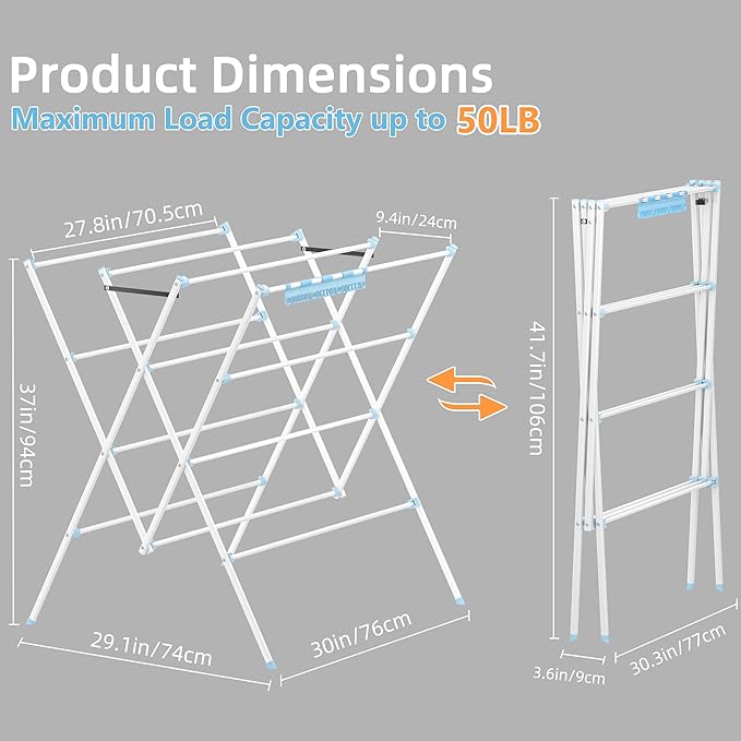 HOMIDEC Drying Rack Clothing,Large 12 Drying Poles with Sock Clips Clothes Drying Rack,Foldable Portable Laundry Drying Rack for Air Drying Clothing,Towels,Delicate Eac,Indoor Outdoor Use.White&Blue