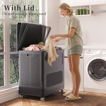 HAIXIN HOME 130L Rolling Laundry Hamper with Lid, Large Plastic Laundry Basket for College Dorm, Foldable Stackable Dirty Clothes Hamper Organizer for Industry, Bedroom, Living Room, Bathroom - Black