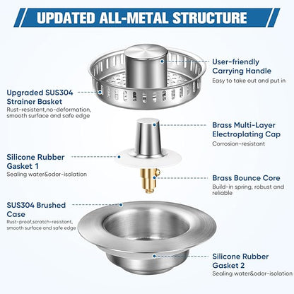 Sink Drain Strainer Kitchen Sink Drain Strainer&Sink Stopper,Stainless Steel Pop up Sink Drain Strainer,Anti-Clogging Basket Strainer,High Durability with Brass Core,Fit 3-1/2",Chrome
