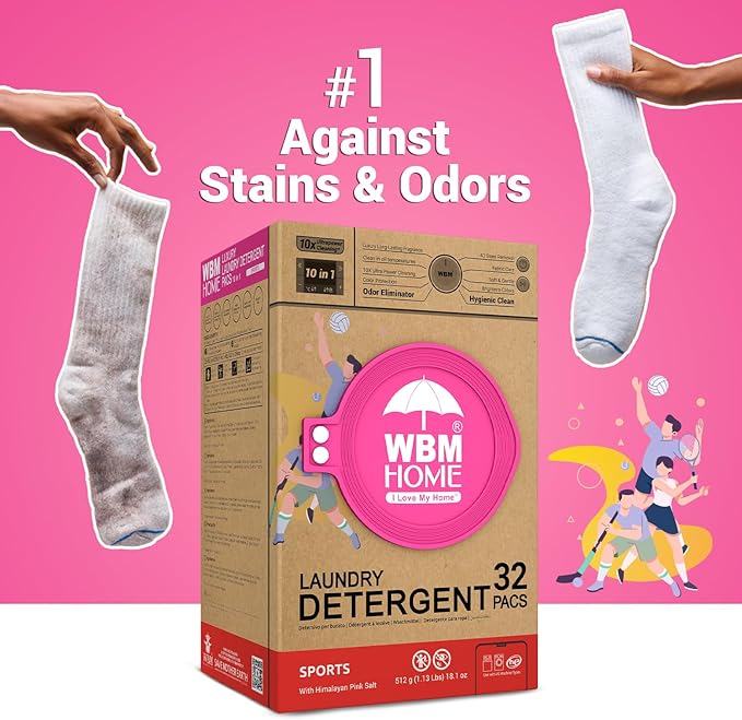 WBM Laundry Detergent Pods, Autumn Scent – 32 Pods in Recycleable Packaging for 10x Ultra Power Cleaning, Odor Defense for Activewear & Sports Shirts