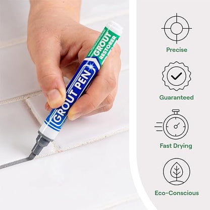 Grout Pen Grey Tile Paint Marker: Waterproof Grout Paint, Tile Grout Colorant and Sealer Pen - Narrow 5mm, 2 Pack with Extra Tips (7mL) - Grey