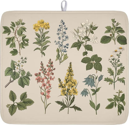 Vintage Plants Herbs Floral Dish Drying Mat for Kitchen Counter Retro Leaf Drying Mat 16x18 Inch Rustic Farmhouse Absorbent Dish Drainer Mat Kitchen Accessories