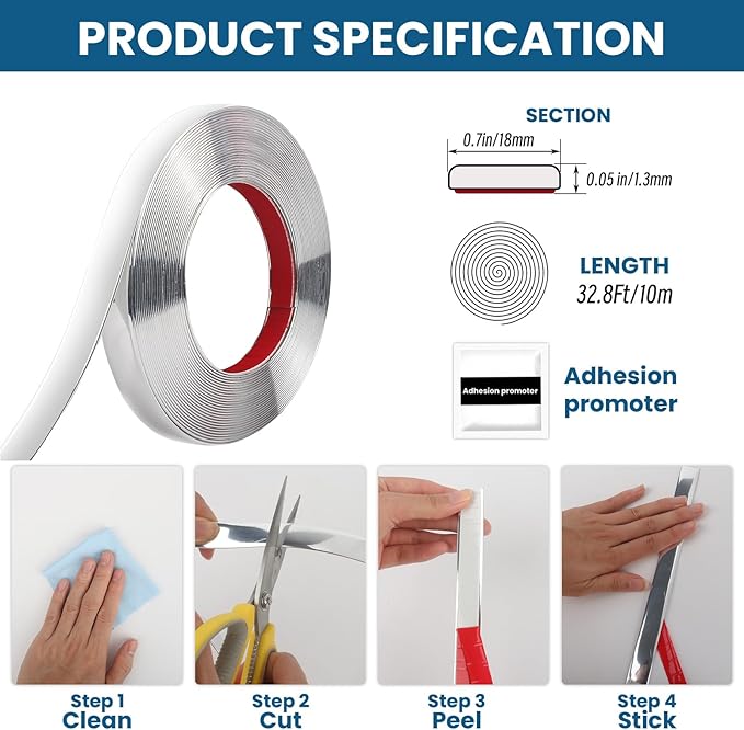 Peel and Stick Molding Trim Waterproof Mirror Tape Border Flexible Wall Trim Molding Self Adhesive for Home Decoration Wall Protection(32.8 Ft)