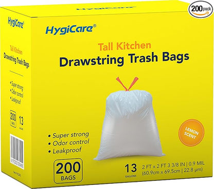 HygiCare 13 Gallon Tall Kitchen Trash Bags, Lemon Scented 200 Count Drawstring Garbage Bags, Pre-Separated, Odor Control, Ultra Strong, Leakproof, Sturdy, White