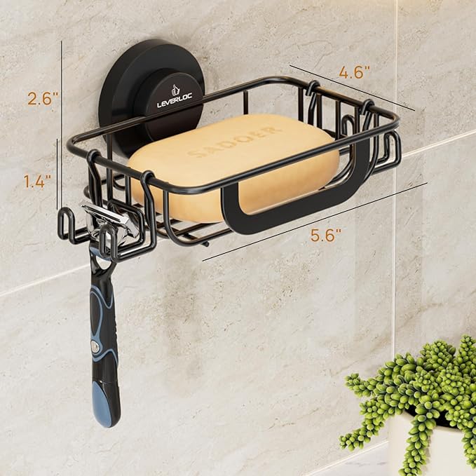 LEVERLOC Soap Dish for Shower with Hooks, Bar Soap Holder with Suction Cup, Soap Tray Rustproof Stainless Steel Holder for Bathroom Soap Saver, Black