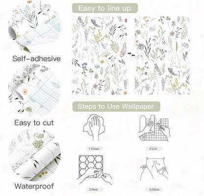 Dimoon 78.7"x16.1" Floral Peel and Stick Wallpaper White Contact Paper Thicken Wallpaper Delicate Flower Waterproof Green Leaf White Self Adhesive Removable Wall Paper Shelf Liner Decal Vinyl Roll