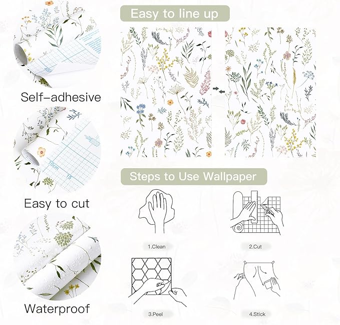 Dimoon 787"x16.1" Floral Peel and Stick Wallpaper White Contact Paper Thicken Wallpaper Delicate Flower Waterproof Green Leaf White Self Adhesive Removable Wall Paper Shelf Liner Decal Vinyl Roll