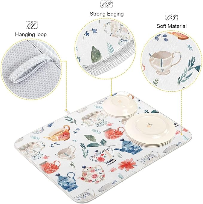Watercolor Tea Cups Teapots Dish Drying Mat for Kitchen Counter Absorbent Microfiber Drying Pad, Medium 16x18 in, Reversible Drainer Mats