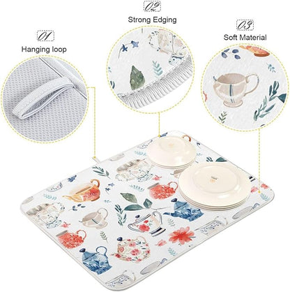 Watercolor Tea Cups Teapots Dish Drying Mat for Kitchen Counter Absorbent Microfiber Drying Pad, Medium 16x18 in, Reversible Drainer Mats