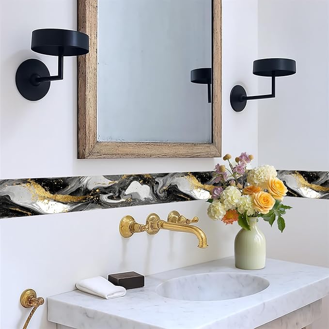 Marble Wave Wallpaper Border 196x4 Inch Peel and Stick Wall Border Black White Gold Pattern Removable Vinyl Wall Trim Kitchen Bathroom Living Room Home Decor