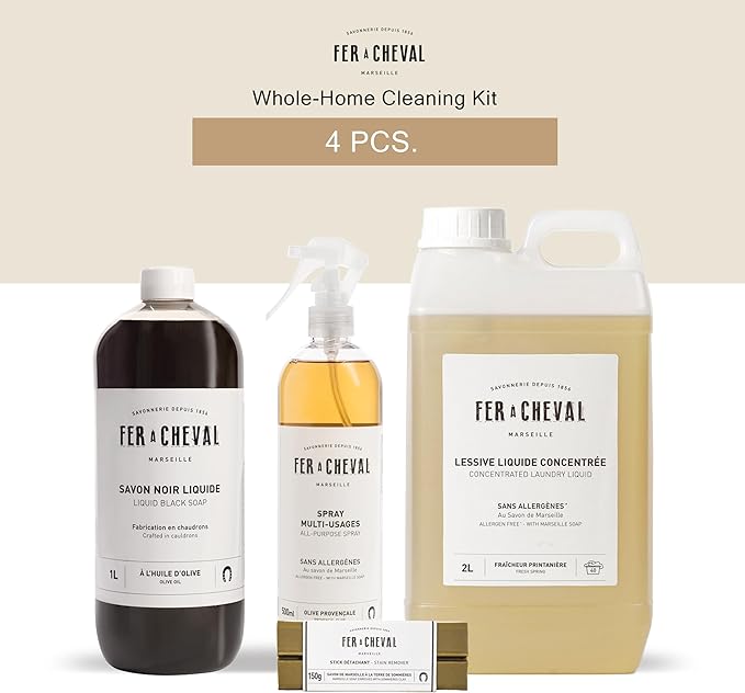 Fer à Cheval Bundles - Liquid Black Soap, Concentrated Laundry Liquid 2L/67.6oz, All-Purpose Spray Cleaner 500ml/16.9 fl oz, Stain Remover Stick with Sommières Clay