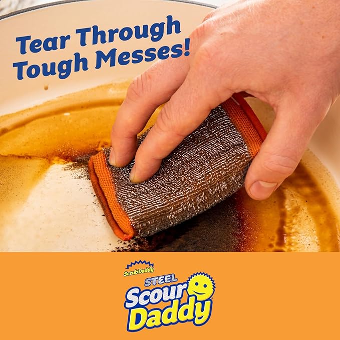 Scrub Daddy Steel Scouring Pad Scrub Sponges - Stainless Steel Scour Daddy - Stainless Steel Fibers Do What Scrubbing Sponges Can't - Durable, Shred-Resistant Scrubbing Pads - 2 Count (6 Pack)
