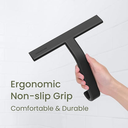 dancemoon JustHang Shower Squeegee for Glass Doors, All-in-One Award-Winning Silicone Squeegee with Built-in Hook for Bathroom, Window, Mirror, Tile Wall, Car, Streak-Free Cleaner Tool, 10-Inch Black