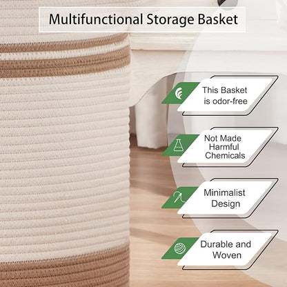 OIAHOMY Laundry Basket- Rope Basket Large Storage Basket with Handles,Modern Decorative Woven Basket for Living Room,Storage Baskets for Toys, Throws, Pillows,and Towels -18"×16"-White&Yellow