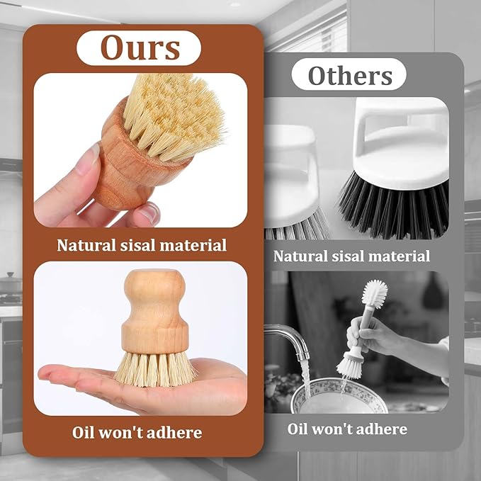 12 Pack Bamboo Scrub Brush for Dishes, Wooden Dish Scrubber Brushes with Natural Sisal Bristle Full Circle Scrub Brush for Kitchen Cleaning Dishes Iron Pot Pan Sink