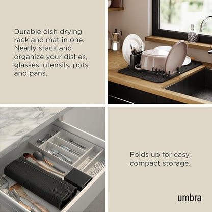 Umbra UDry Dish Drying Rack with Mat – Kitchen Countertop Dish Drainer & Absorbent Microfiber Drying Mat, Foldable Dish Rack Organizer for Plates, Cups & Utensils, Black