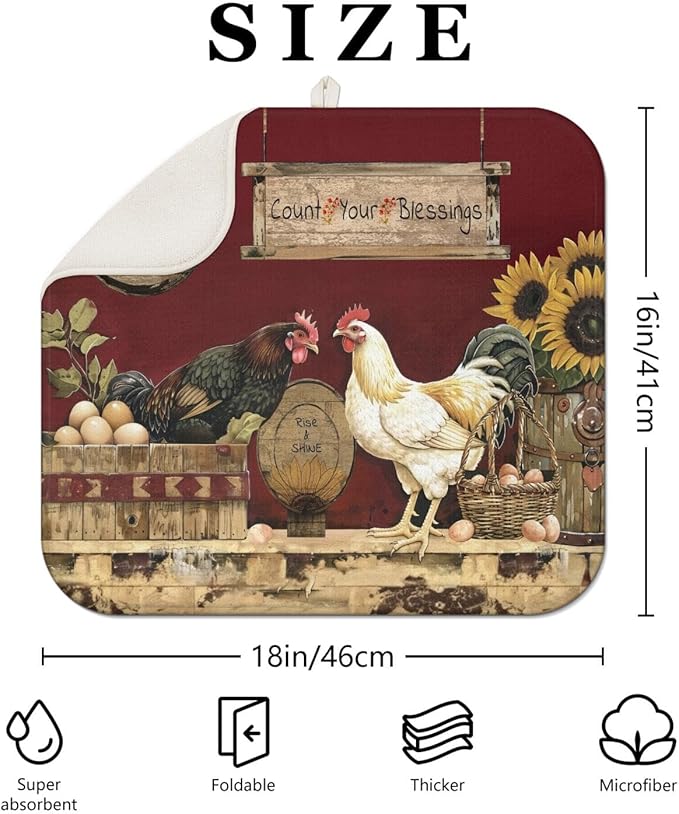 Dish Drying Mat Drainer Pads - Extra Large Microfiber Drying Mats for Dishes Kitchen Counter Super Absorbent Pads for Draining Racks (Chicken,16"x18" )