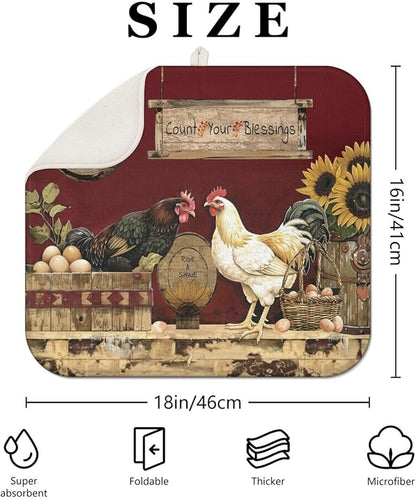 Dish Drying Mat Drainer Pads - Extra Large Microfiber Drying Mats for Dishes Kitchen Counter Super Absorbent Pads for Draining Racks (Chicken,16"x18" )